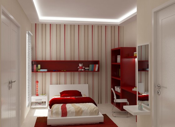 Minimalist Modern Red And White With Striped Wall Feature 560x406 Teen Room