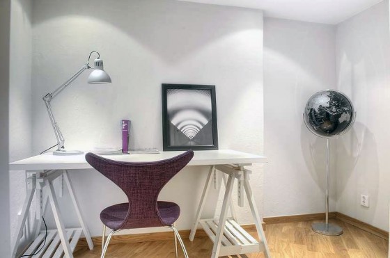 Minimalist Modern White Work Desk With Purple Unique Chairs 560x371 Apartment