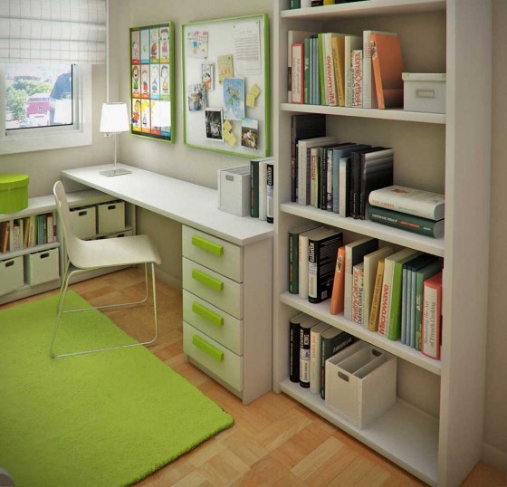 Kids Room Minimalistic White Study Desk And Racks With Green Accent For Small Kids Room 560x538 Interesting Modern Small Bedroom Ideas For Kids And Teen