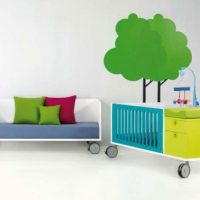 Furniture Modern Cool Crib And Sofas For Kids Room With Tree Wallpaper 560x349 Grey-Wall-KIids-Room-Decor-With-Twin-Purple-Bedding-560x353