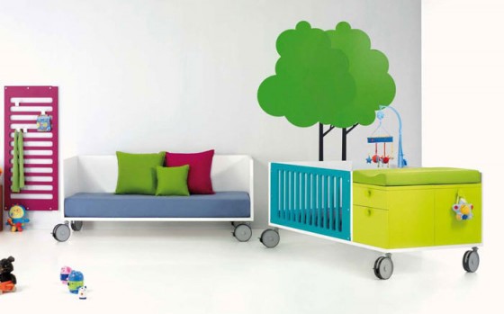 Furniture Modern Cool Crib And Sofas For Kids Room With Tree Wallpaper 560x349 Amazing Kids Room Design Ideas With Exciting Furniture