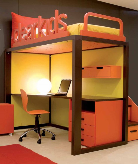 Kids Room Modern Design For Kids Study Desk And Bunk Beds In Yellow Orange 560x662 Appealing Contemporary Kids Bedroom Design For Twins