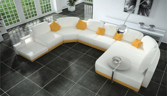 Furniture Modern White Sofa With Orange Pillow Accent 560x325 Inspiring Modern Sectional Sofa Design