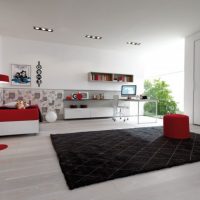 Architecture Nice Bedroom With White Study Desk Big Wardrobe Black Rugs And Red Accent 560x420 Very-Colorful-Teen-Bedroom-With-Striped-Rugs-560x335