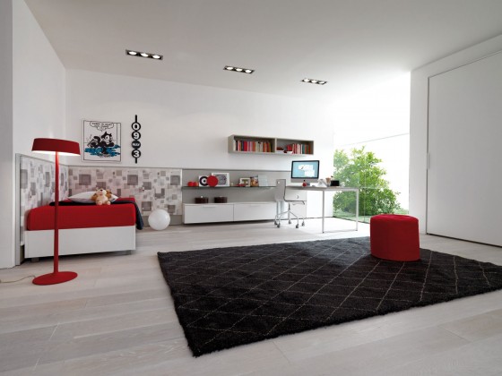 Nice Bedroom With White Study Desk Big Wardrobe Black Rugs And Red Accent 560x420 Architecture