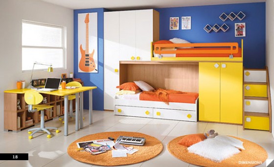 Orange Blue Kids Room With Bunk Beds And Double Study Desk Kids Room