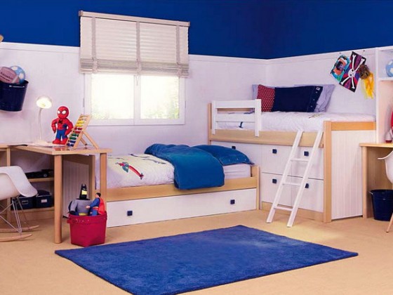 Pictures Of Navy Blue Kids Bedroom With Bunk Beds And Spiderman Action Figure Decor Kids Room