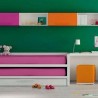 Furniture Pink Bunk Beds With Simple White Study Desk And Green Wall Color 560x349 Modern-Cool-Crib-And-Sofas-For-Kids-Room-With-Tree-Wallpaper-560x349