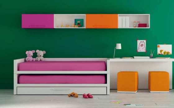 Furniture Pink Bunk Beds With Simple White Study Desk And Green Wall Color 560x349 Amazing Kids Room Design Ideas With Exciting Furniture