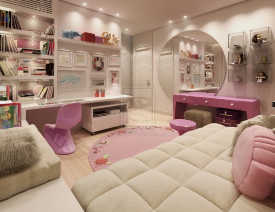 Teen Room Pink And Cream With Big Round Mirror For Very Girly Kids 560x432 Mesmerizing Newest Kids and Teenagers Room Design