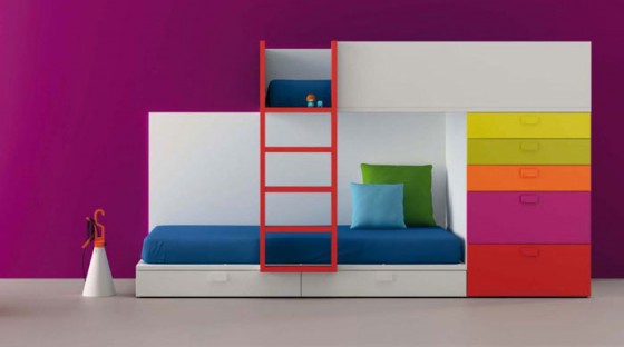 Rainbow Color Racks And Bright Bunk Beds And Purple Wall Color 560x312 Furniture