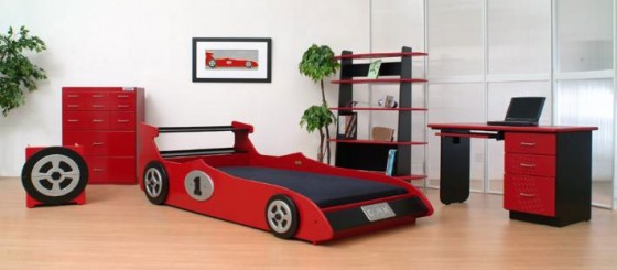 Kids Room Red Bedroom Furniture With Racing Car Theme 560x245 Astounding Boys Bedroom Design With Car Beds