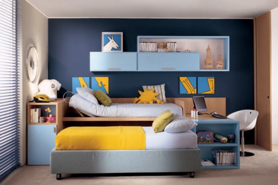 Kids Room Royal Blue Wall Color For Twins Room 560x374 Appealing Contemporary Kids Bedroom Design For Twins