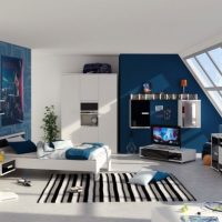 Teen Room Shining Blue Boys Bedroom With Black White Striped Rugs Decor 560x396 Catchy-White-Orange-Seventies-Room-Design-560x396