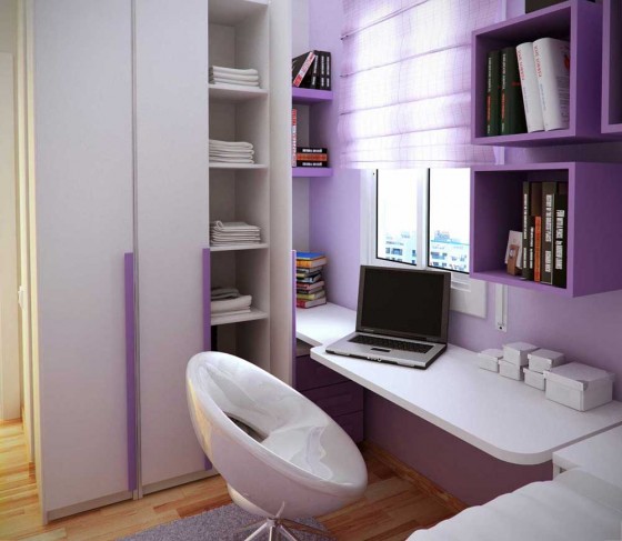 Kids Room Simple Cabinets And Study Desk With White Purple Color Theme 560x487 Interesting Modern Small Bedroom Ideas For Kids And Teen