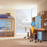 Kids Room Simple Modern Spacy Bunk Beds With Double Study Desk 560x326 Stunning-Green-Yellow-Kids-Bedroom-Furniture-With-Share-Study-Desk-And-Floor-Red-Beds-560x334