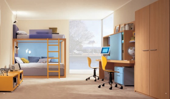 Kids Room Simple Modern Spacy Bunk Beds With Double Study Desk 560x326 Appealing Contemporary Kids Bedroom Design For Twins