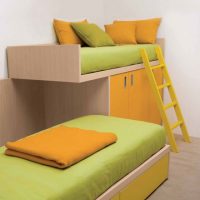 Kids Room Sliding Bunk Beds With Stairs In Orange And Green 560x648 Modern-Design-For-Kids-Study-Desk-And-Bunk-Beds-In-Yellow-Orange-560x662