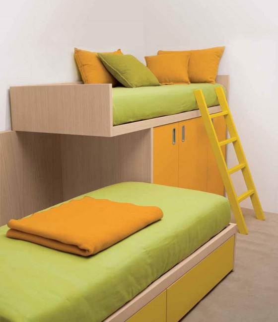 Kids Room Sliding Bunk Beds With Stairs In Orange And Green 560x648 Appealing Contemporary Kids Bedroom Design For Twins