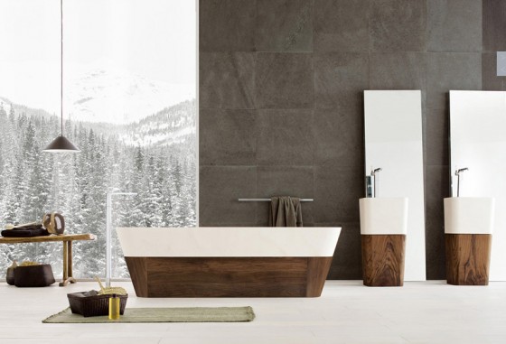 Stunning Bathroom By Neutra With Ice Mountain Wall Decor And Wood Element Furniture 560x381 Bathroom