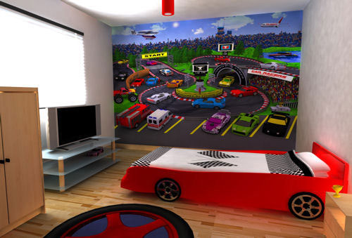 Kids Room Stunning Boys Bedroom With Pit Stop Wallpaper And Red Car Bed Astounding Boys Bedroom Design With Car Beds