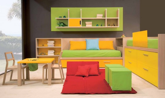 Stunning Green Yellow Kids Bedroom Furniture With Share Study Desk And Floor Red Beds 560x334 Kids Room