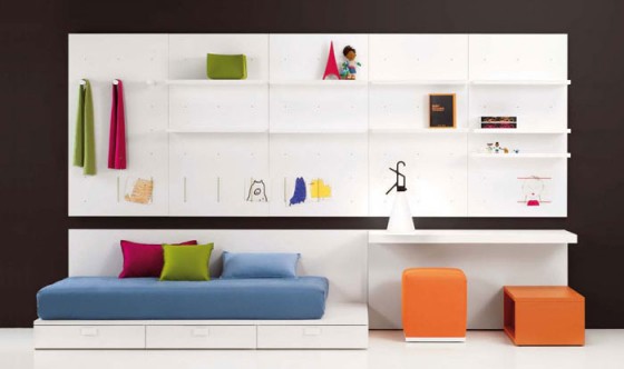 Stunning White Kids Room Furniture With Colorful Accessories And Black Wall 560x332 Furniture