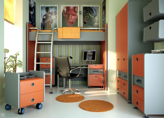 Teen Room By Evermotion With Pale Orange And Grey Clever Furniture 560x405 Teen Room