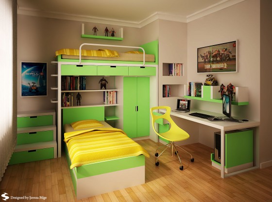 Teen Room By Semsa With Bunk Beds And Very Bright Green And Yellow Furniture 560x417 Teen Room