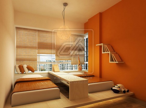 Warm Bedroom For Twins With Minimalist Orange Theme 560x415 Teen Room