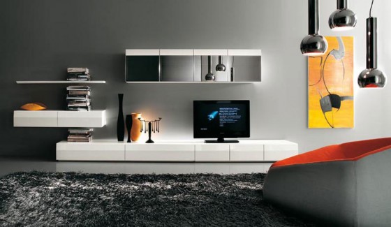 Ideas Warm Living Room Design With Catchy Orange Sofas 560x325 Surprising Wall Units Design For TV Setups – Hot Trend