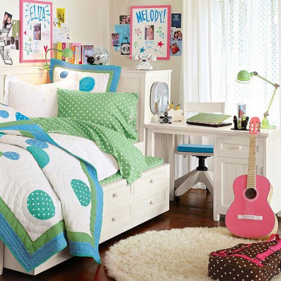 Architecture White Themed Combined With Colorful Accent For Music Lover1 560x560 Captivating Dorm Room Furniture Design