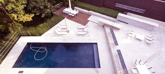 Backyard Pool Designs With Sun Deck And Outdoor Dining Area From Bird View Garden