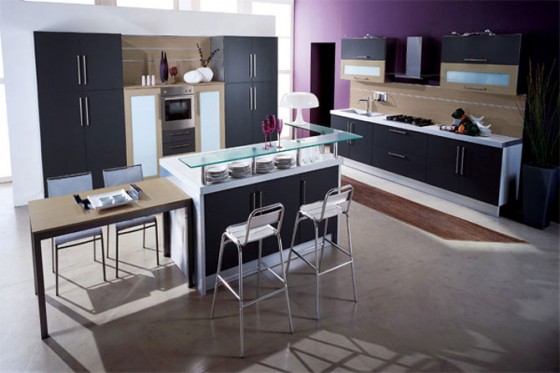 Beautiful Modern Kitchen Design With Violet Wall Accent Kitchen