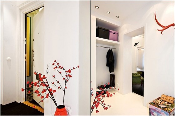 Beautiful White Corner With Open Wardrobe And Red Accent Interior Design