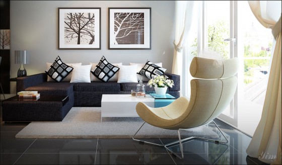 Black Couch Combine With Modern Unique Cream Chair Interior Design