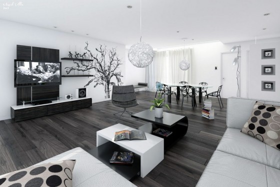 Black White Open Living Area Design With Amazing Arts As Element Decorating Interior Design