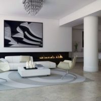 Interior Design Thumbnail size Black And White Lounge With Fireplace Design Next To Open Minimalist White Dining Sets