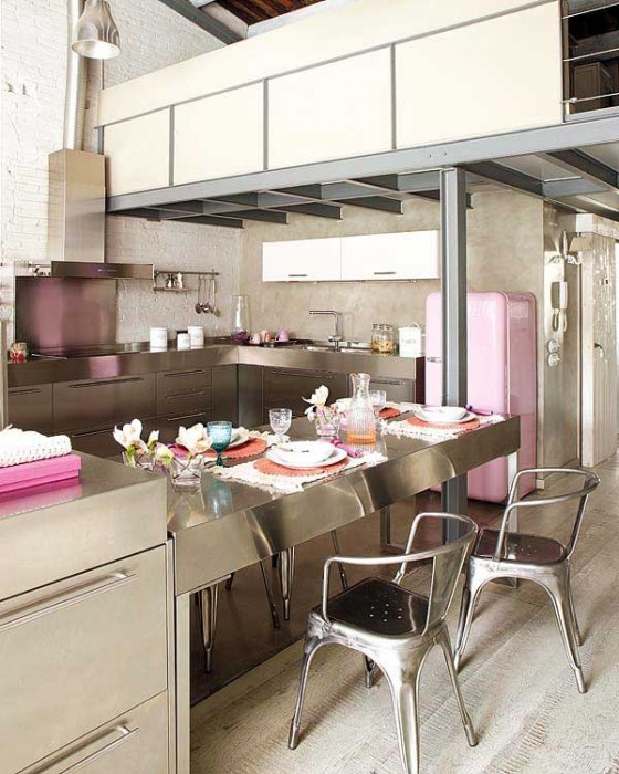 Contemporary Kitchen Design With Mild Steel Construction And Pink Accent Interior Design