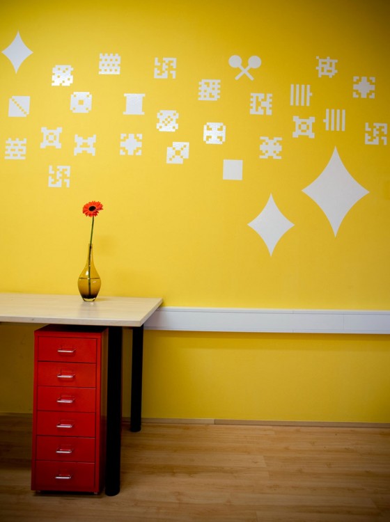 Desk And Yellow Wall With Pixel Dot Decoration Ideas Ideas