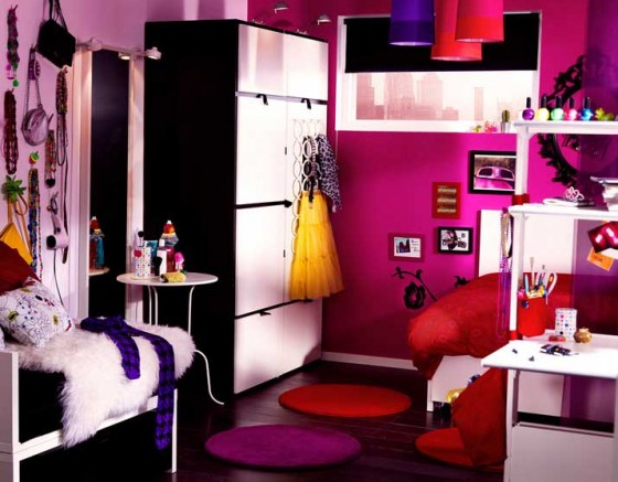 Glamour Pink IKEA Teen Bedroom With Circle Rugs Accent And Cool White Furniture Kids Room