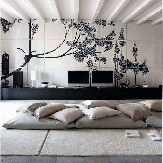 Modern Long Floor Cushions For Cool Entertainment Area With Black White Themes Ideas