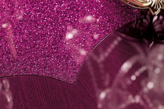 Pink Crystal Detail Of Glass Dinig Table For Glamoruous And Elegant Style Dining Room
