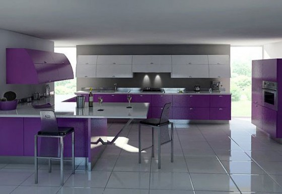 Stunning Modern Kitchen Design With Purple And Grey Theme Kitchen